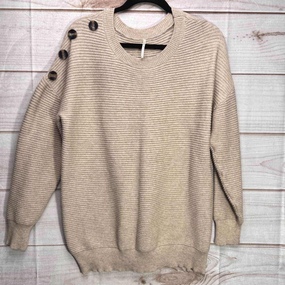 Nine One Eight Tan Ribbed Knit Shoulder Button Sweater Beige 2X Crew Neck